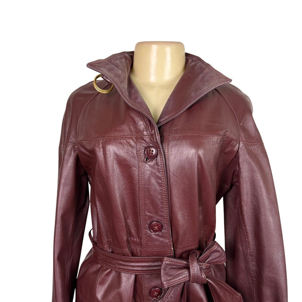 Tfc Women Maroon 100% Genuine Leather Belted Trench Coat Lined With Rayon Sz 8