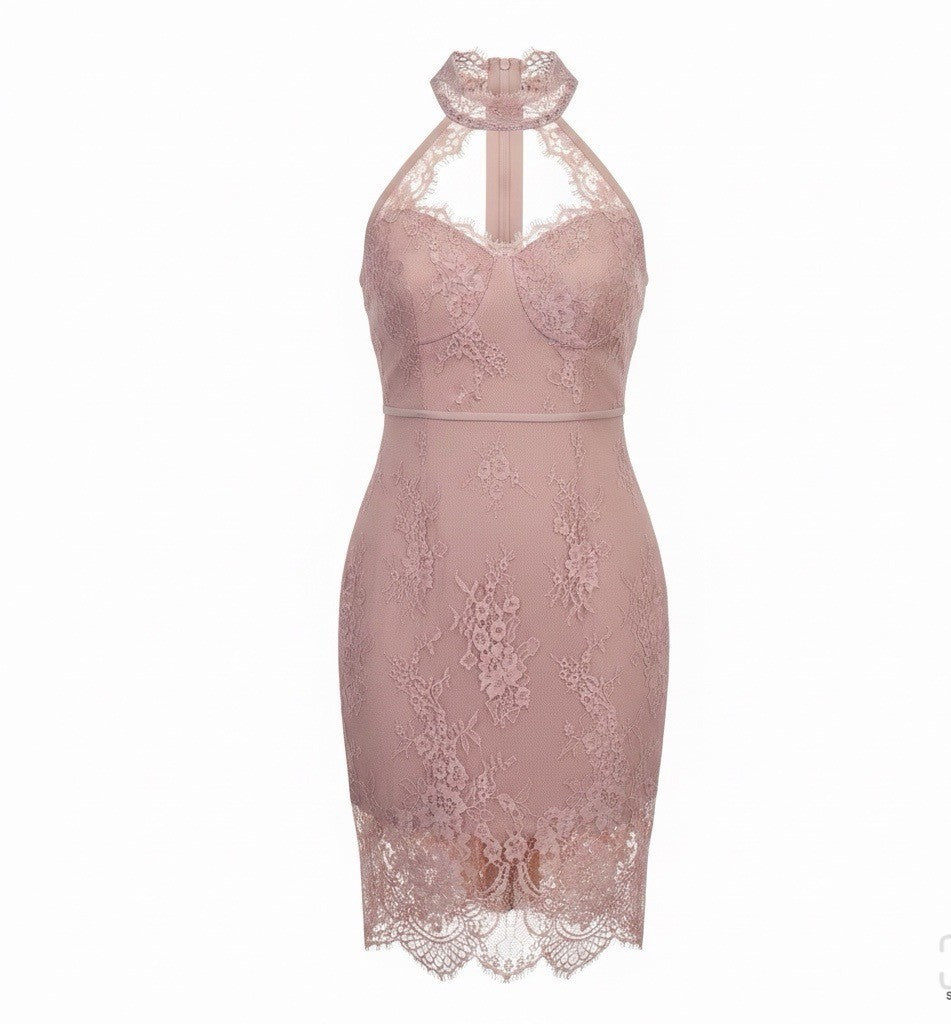 Venus Womens Mauve Sleeveless Lace Halter Cocktail Dress Size S