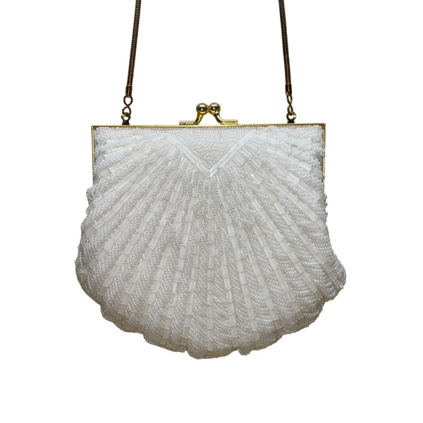 Lindsay Blake Women’s White Beaded Shell Evening Bag With Gold Chain Strap