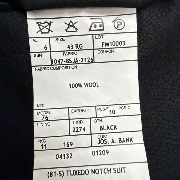 Jos. A. Bank Mens Black Wool Tuxedo Notch Suit Set Jacket Sz 48RG Pants 39x27