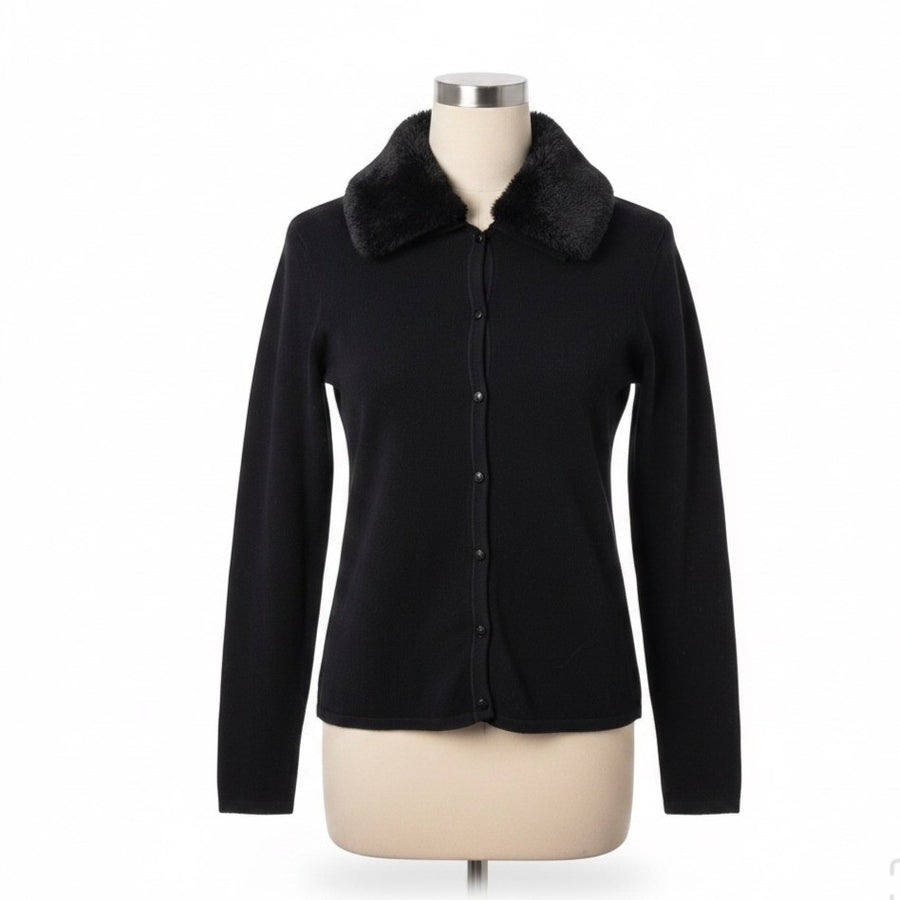 BCBG Max Azria Womens Black Button-Up Cardigan With Faux Fur Collar Size L