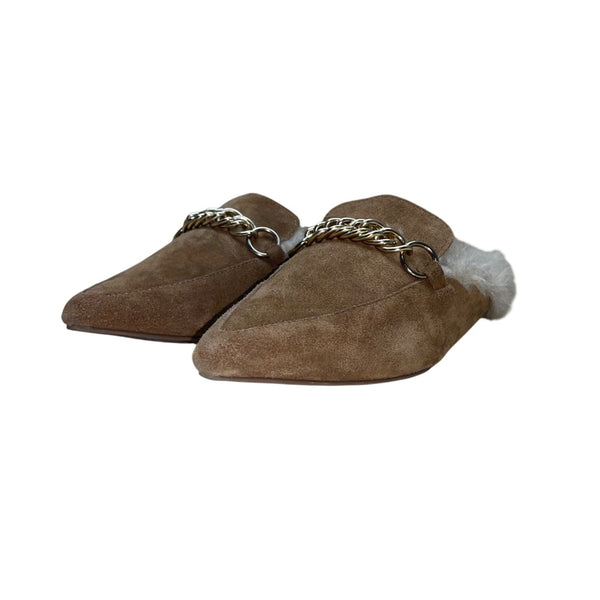 Steve Madden Women’s Brown Faux Fur Lined Chain Accent Loafer Mules Size 7.5M
