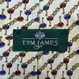 Tom James Mens Ivory Silk Tie Chain Link Red & Blue Pattern Elegant Made In USA