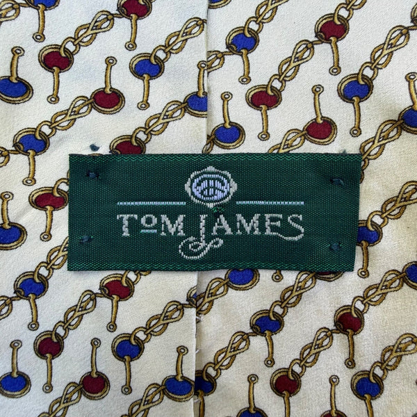 Tom James Mens Ivory Silk Tie Chain Link Red & Blue Pattern Elegant Made In USA