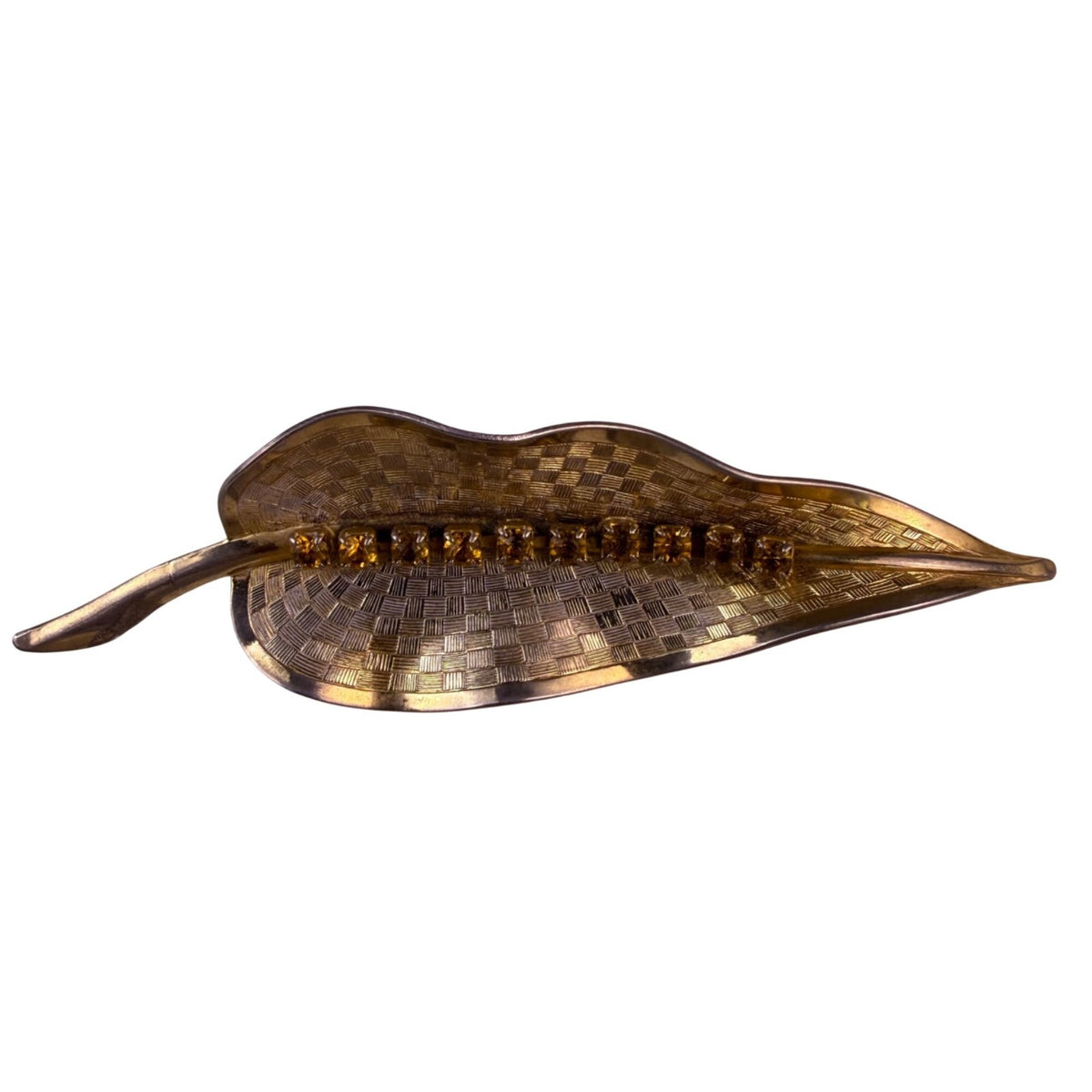 Vintage Gold-Tone Womens Leaf Brooch W/Yellow Rhinestones & Woven Textured