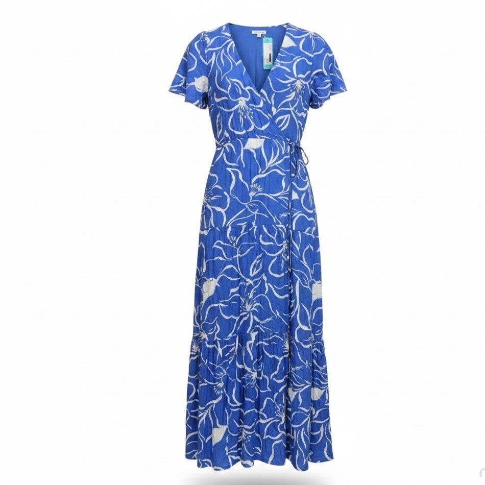 Z Supply Womens Blue Rayon Wrap Maxi Dress With Floral Print Short Sleeves Sz L