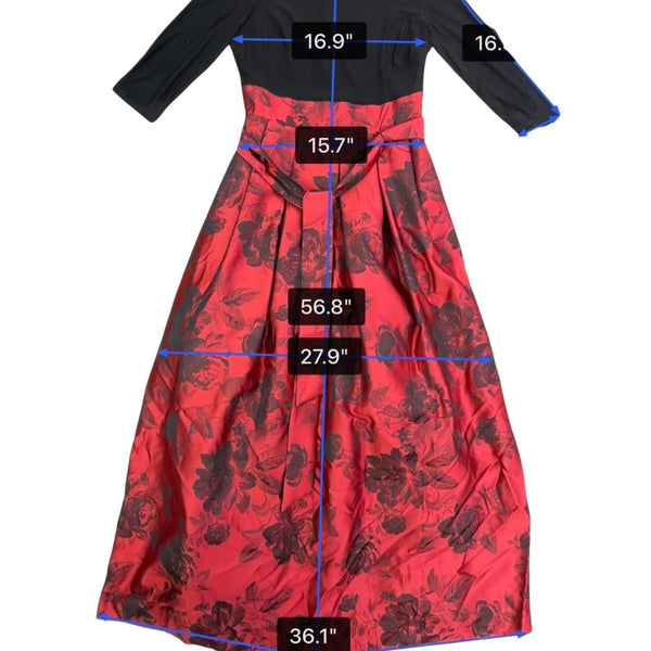 Jessica Howard  Black & Red Floral Print Gown With Bow Detail 3/4 Sleeves Sz 12