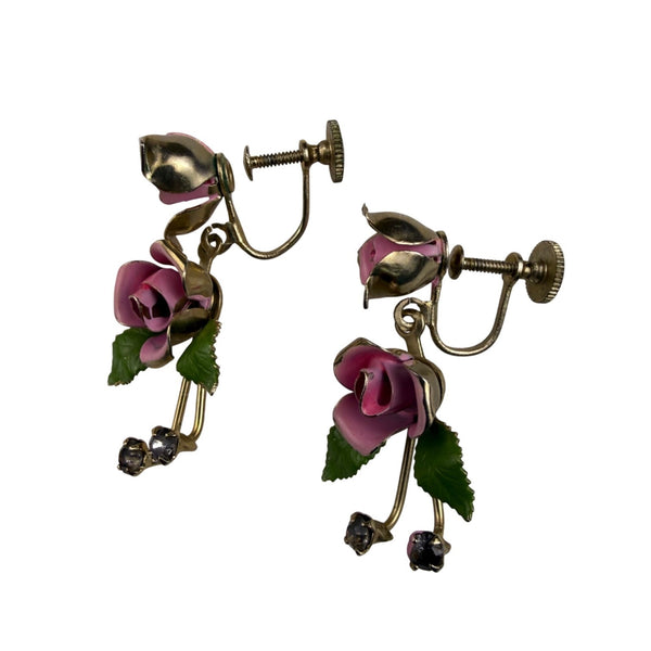 Vintage Floral Screw Back Earrings Pink Rose Gold Tone Metal Rhinestone Accents