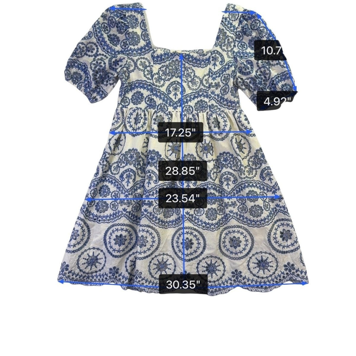 Sundayup Women White & Blue Embroidered Cotton Dress Square Neck Size L