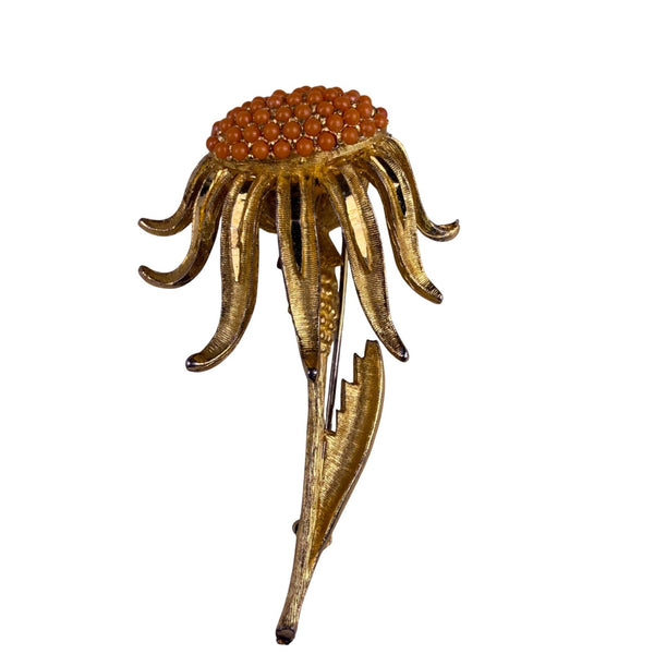 BSK Womens Gold Tone Metal Floral Lapel Brooch Orange Beads Vintage Accessory