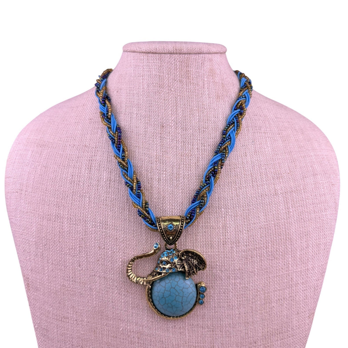 Blue & Gold Tone Elephant Pendant Necklace Braided Chain Design With Turquoise S