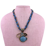 Blue & Gold Tone Elephant Pendant Necklace Braided Chain Design With Turquoise S