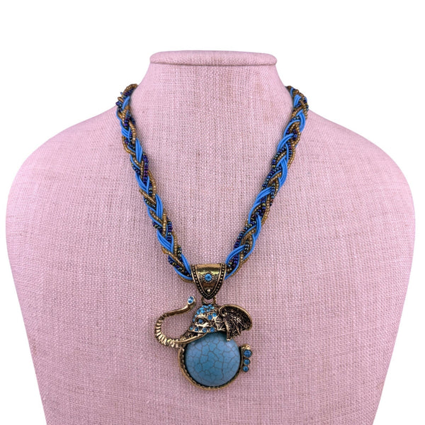 Blue & Gold Tone Elephant Pendant Necklace Braided Chain Design With Turquoise S