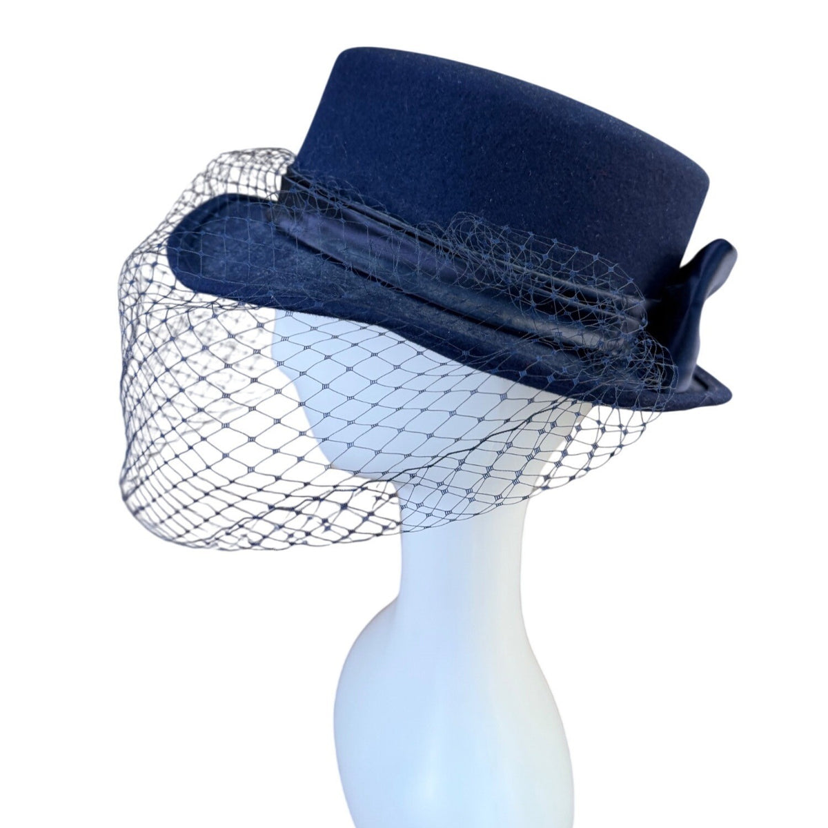 Michael Howard Womens Navy Wool Dress Hat With Bow & Netting Made In USA