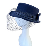 Michael Howard Womens Navy Wool Dress Hat With Bow & Netting Made In USA
