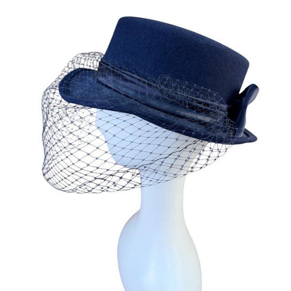 Michael Howard Womens Navy Wool Dress Hat With Bow & Netting Made In USA