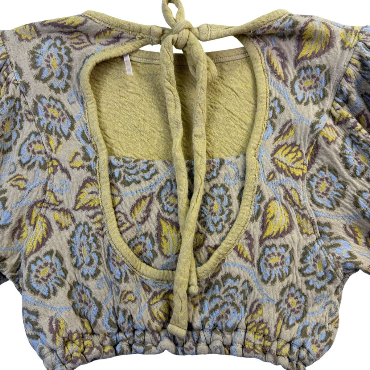 Free People Womens Yellow & Blue Cotton Floral Puff Sleeve Cropped Top Sz XS