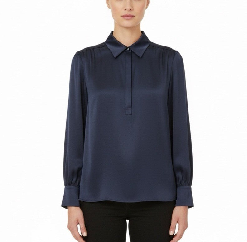 Brooks Brothers Womens Navy Satin Button-Up Collared Blouse Size 12 - New