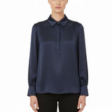 Brooks Brothers Womens Navy Satin Button-Up Collared Blouse Size 12 - New