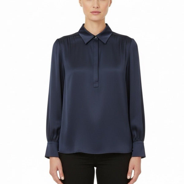 Brooks Brothers Womens Navy Satin Button-Up Collared Blouse Size 12 - New