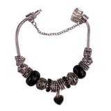 Sterling Silver Ladies Black & Silver Beaded Bracelet With Heart Charm