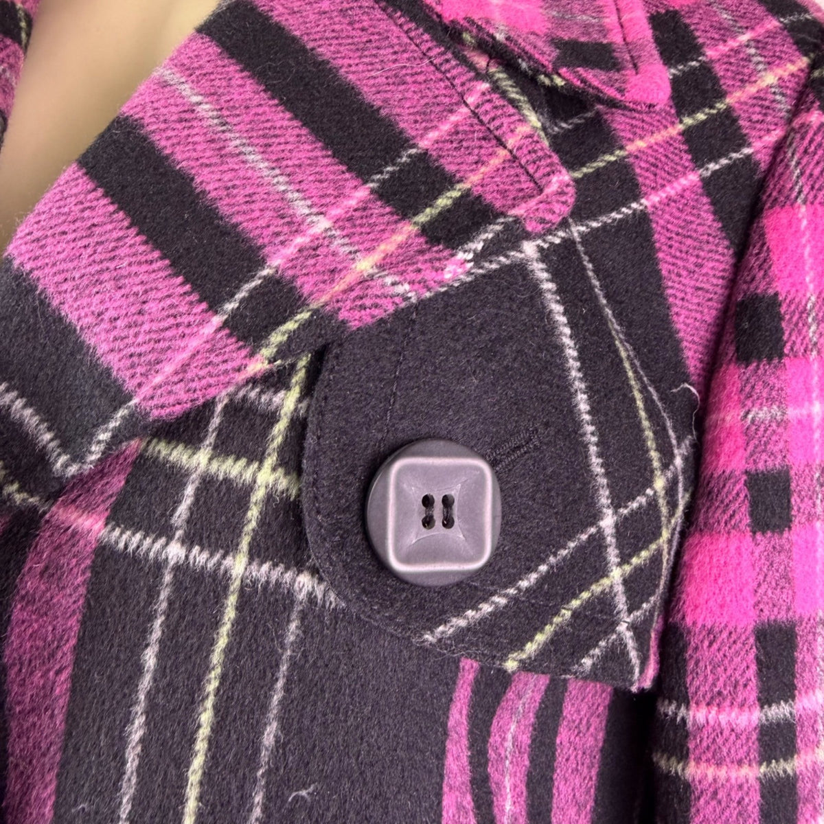Abbie Mags Womens Black & Pink Plaid Wool Blend Button-Up Coat Retro Chic Size S