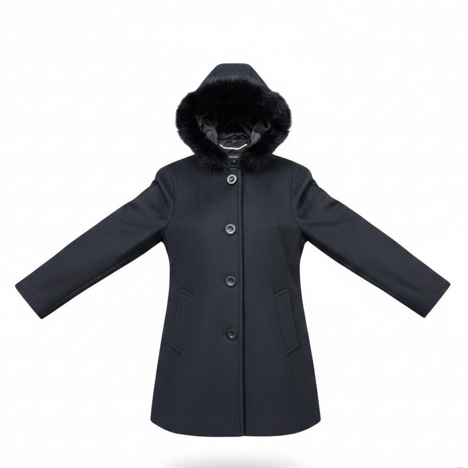 Ellen Tracy Womens Black Wool Blend Hooded Coat W/ Faux Fur Trim Size 8P
