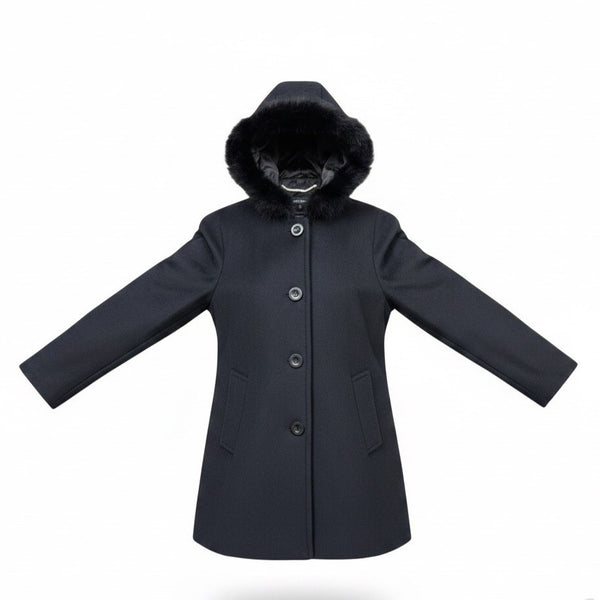 Ellen Tracy Womens Black Wool Blend Hooded Coat W/ Faux Fur Trim Size 8P