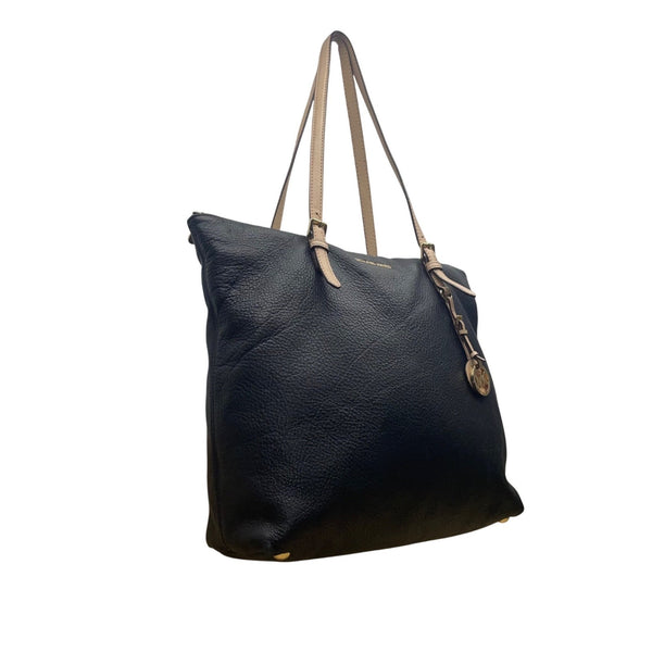 Michael Kors Women’s Black Pebbled Leather Gold Hardware Beige Straps Tote Bag