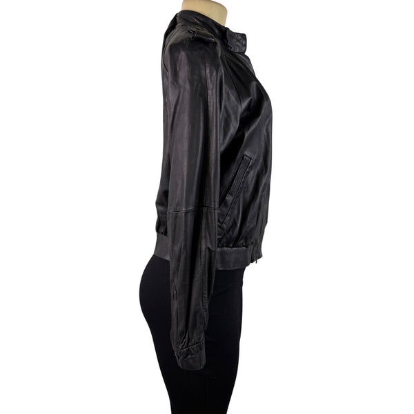 Theory Womens Black Leather Jacket Small Italy Epaulet Bomber Style Zip Closure