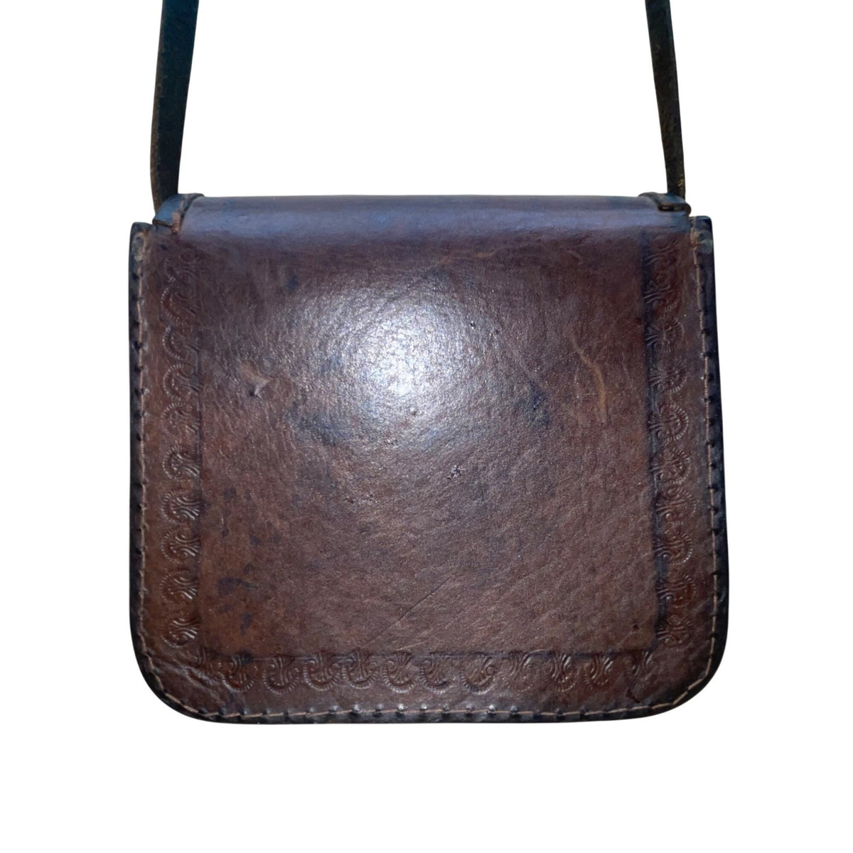 Vintage Handmade Women’s Brown Leather & Woven Striped Pattern Crossbody Bag