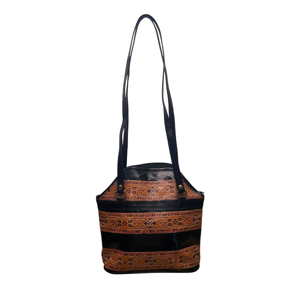 Women’s Black Brown Leather Patterned With Dual Shoulder Straps Tote Bag