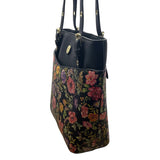 Anne Klein Floral Print Black Faux Leather Gold Accent Zipper Closure Tote Bag
