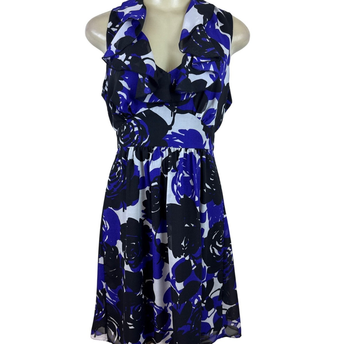 Trulli Women’s Blue Floral Sleeveless A-Line Dress With Ruffled Neckline Sz M