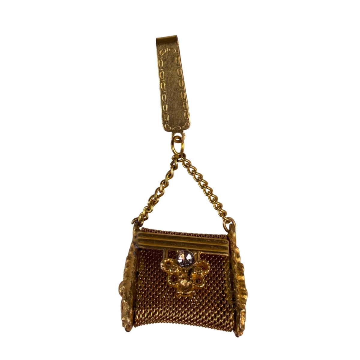Miniature Vintage Gold-Toned Mesh Pillbox With Chain Clip & Rhinestone Detail