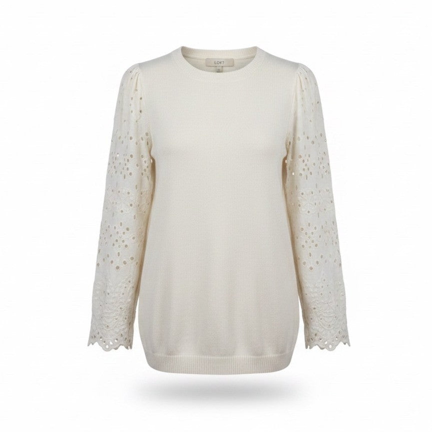 Loft Womens Ivory Cotton Blend Embroidered Puff Sleeve Pullover Sweater Size S