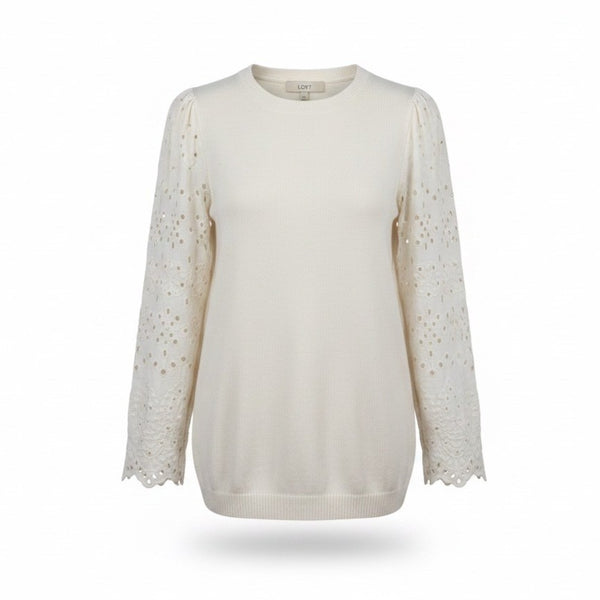 Loft Womens Ivory Cotton Blend Embroidered Puff Sleeve Pullover Sweater Size S