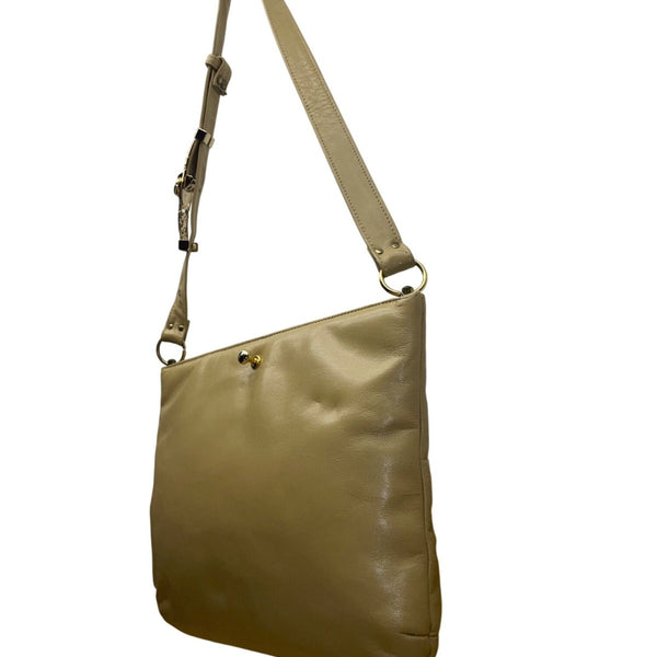Vntg Ruth Saltz Women’s Beige Leather Gold Accent Adjustable Strap Shoulder Bag