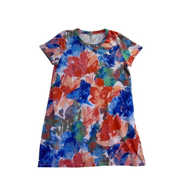 T Talbots Womens Multi-Color Knit Short Sleeve Floral Shift Dress Pocket Sz XL