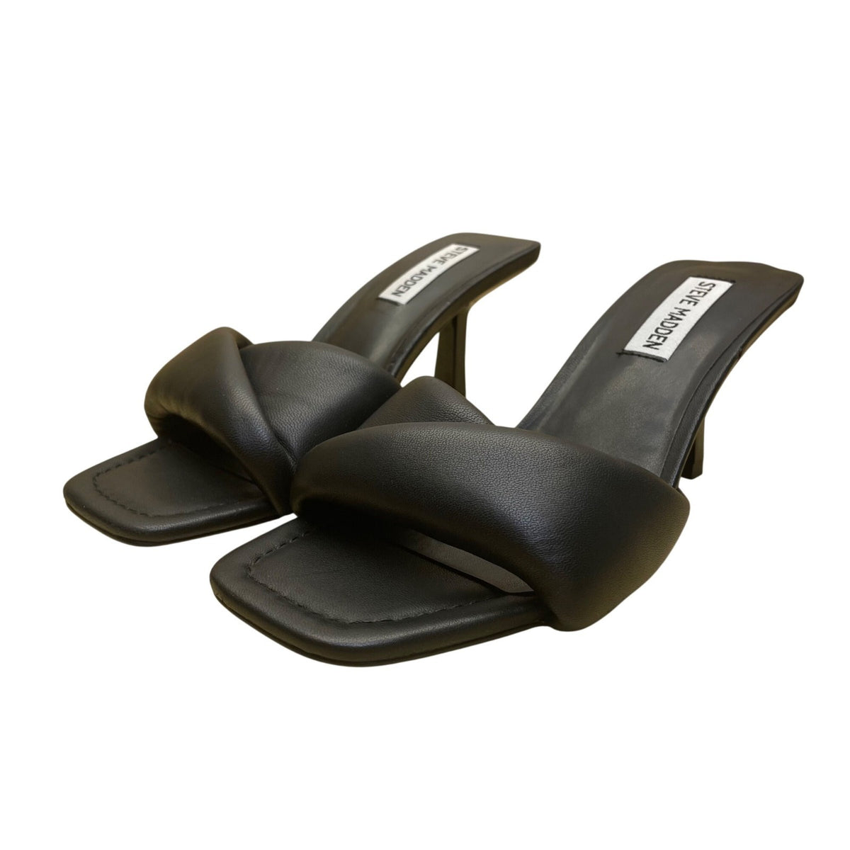 Steve Madden Women’s Black Leather Thai Slip-On Heeled Sandals Size 7.5M