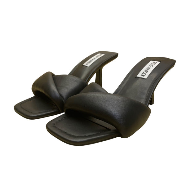 Steve Madden Women’s Black Leather Thai Slip-On Heeled Sandals Size 7.5M