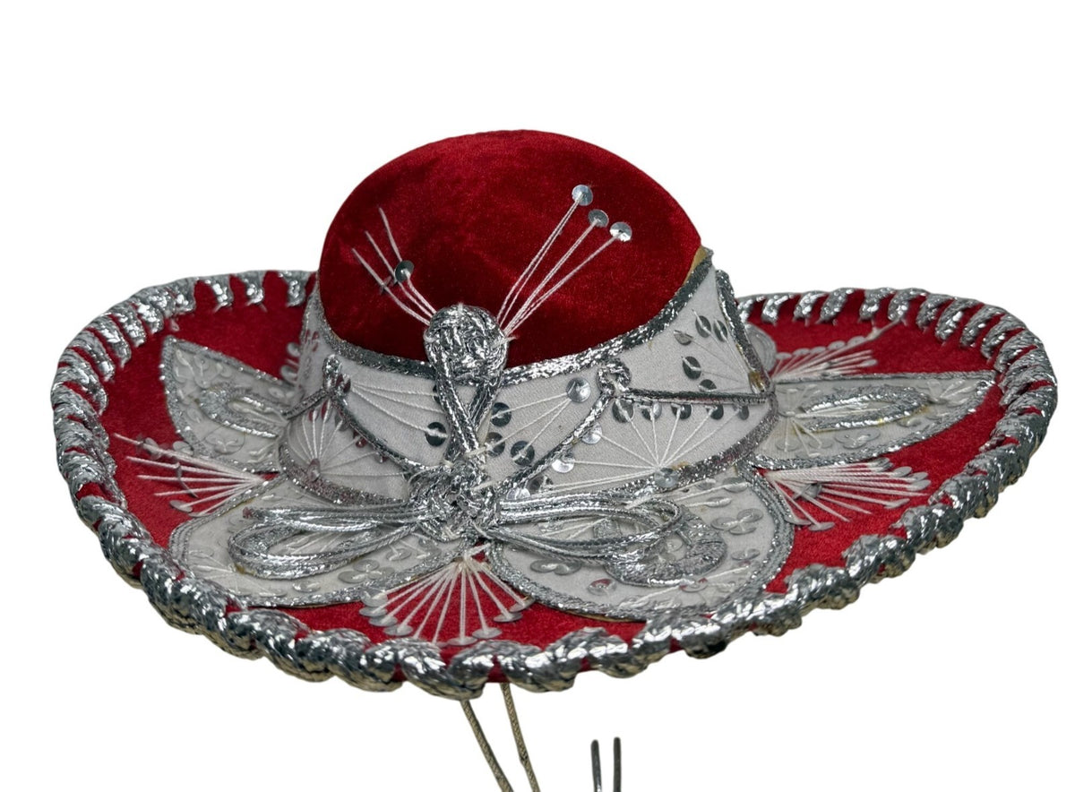 Pigalle Red & Silver Adult Mexican Sombrero Hat Velour Embroidered Traditional F