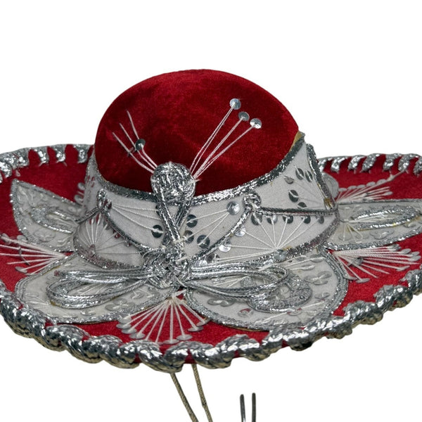Pigalle Red & Silver Adult Mexican Sombrero Hat Velour Embroidered Traditional F