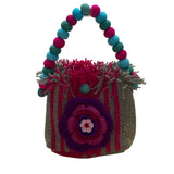 Handmade Women’s Pink & Brown Knitted Floral Design  Handbag With Beaded Handle