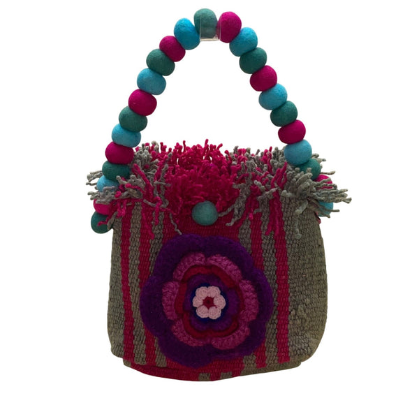 Handmade Women’s Pink & Brown Knitted Floral Design  Handbag With Beaded Handle
