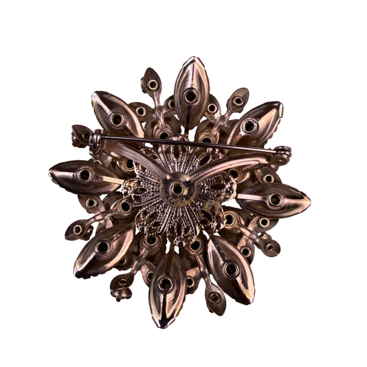 Vintage Gold Tone Women’s Rhinestone Brooch Green & Aurora Borealis