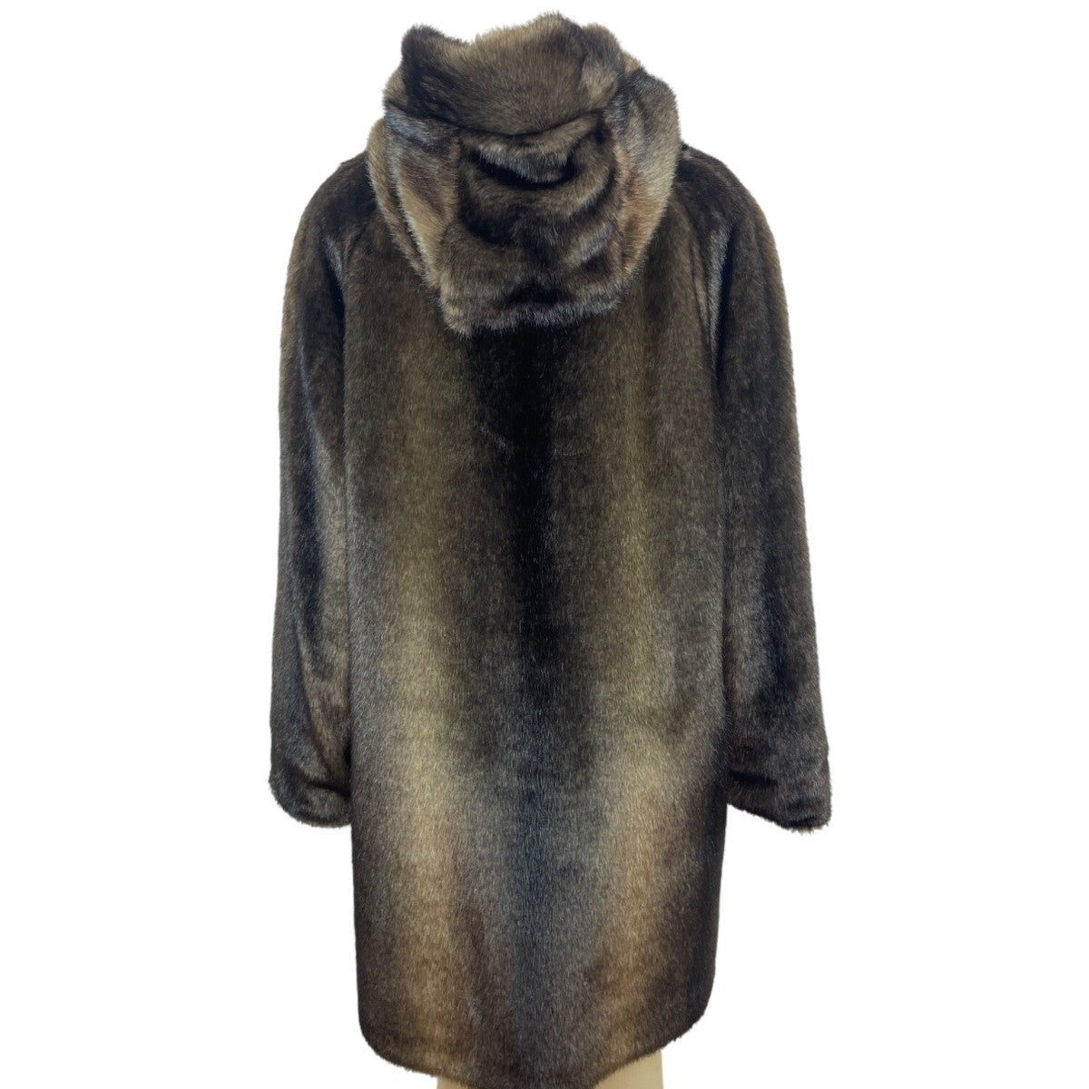 Vintage Brown Faux Fur Coat With Hood & Button Closure