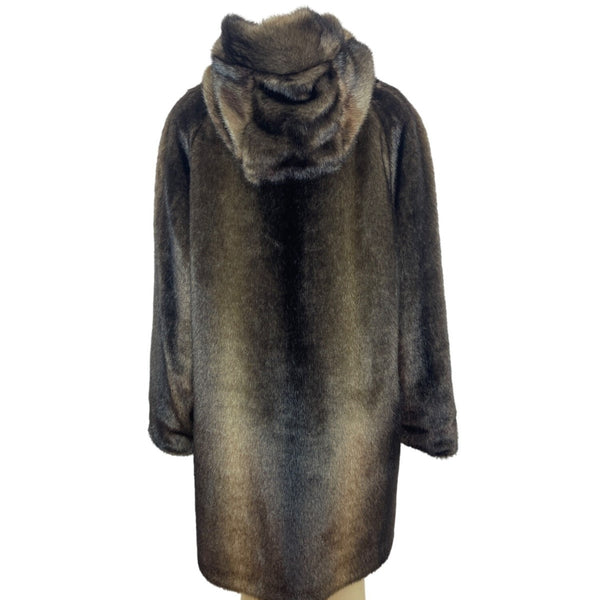 Vintage Brown Faux Fur Coat With Hood & Button Closure