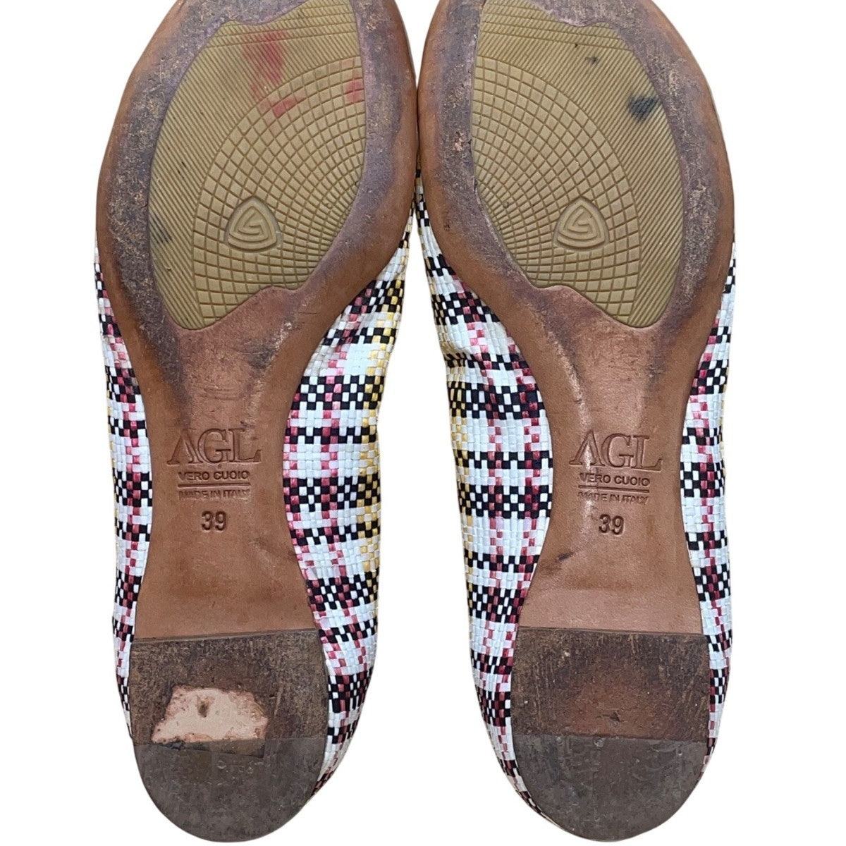 AGL Women’s White Multicolor Patterned Woven Leather Cap Toe Buckle Flats Sz 9US