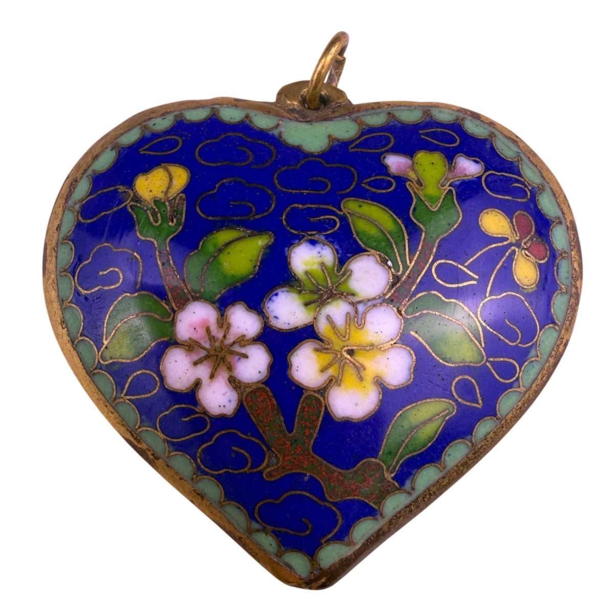 Vintage Cloisonné Enamel Heart Pendant Floral Motif Blue/Green Handmade 